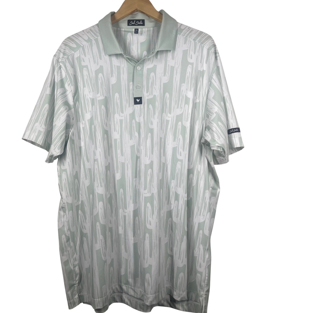 Bad Birdie Mens 2XL Sage Green Cactus Print Golf Polo Shirt Short Sleeve